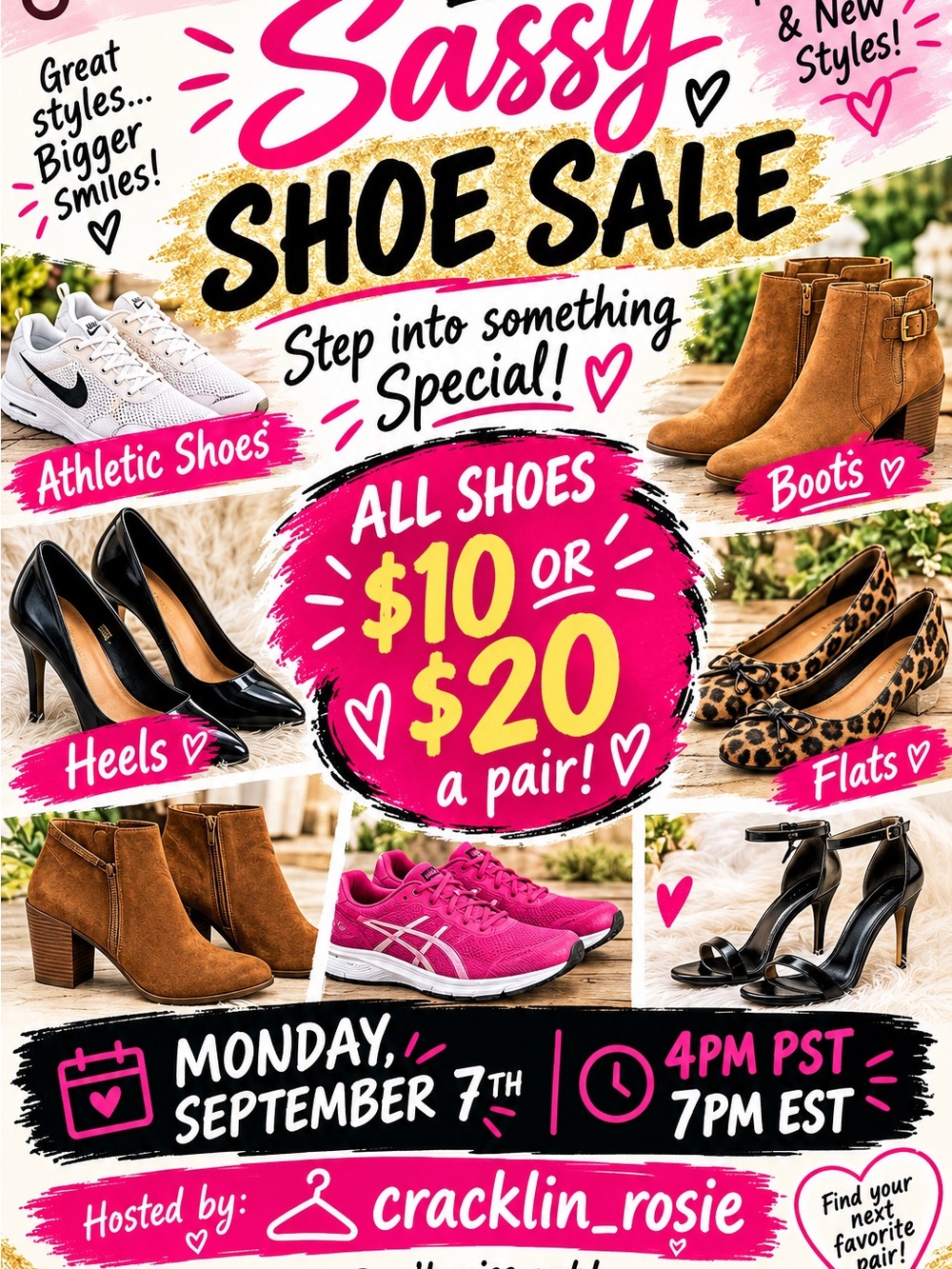 Sassy Shoe Sale-Step Into Something Special! Live show Monday 4pm PST, 7pmEST
